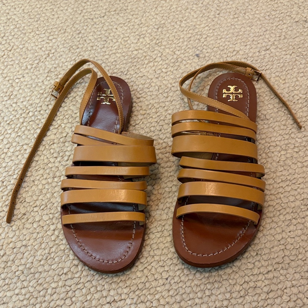 Tory Burch Cognac Multi-Strap Leather Ankle Tie Sandals